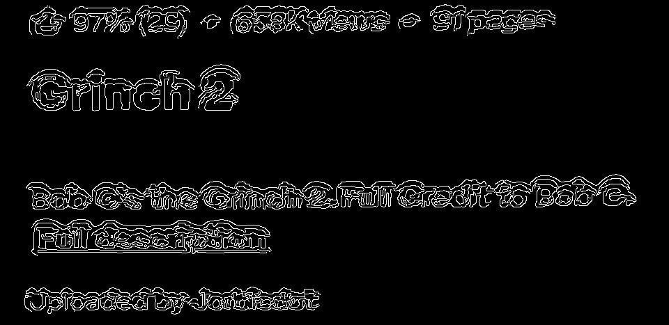 screenshot of text: 'thumbs up 97%, 658k views, 91 pages. Grinch 2. Bob C's the Grinch 2. Full Credit to Bob c. Full description. Uploaded byJorbiedot' rendered as white lines on black